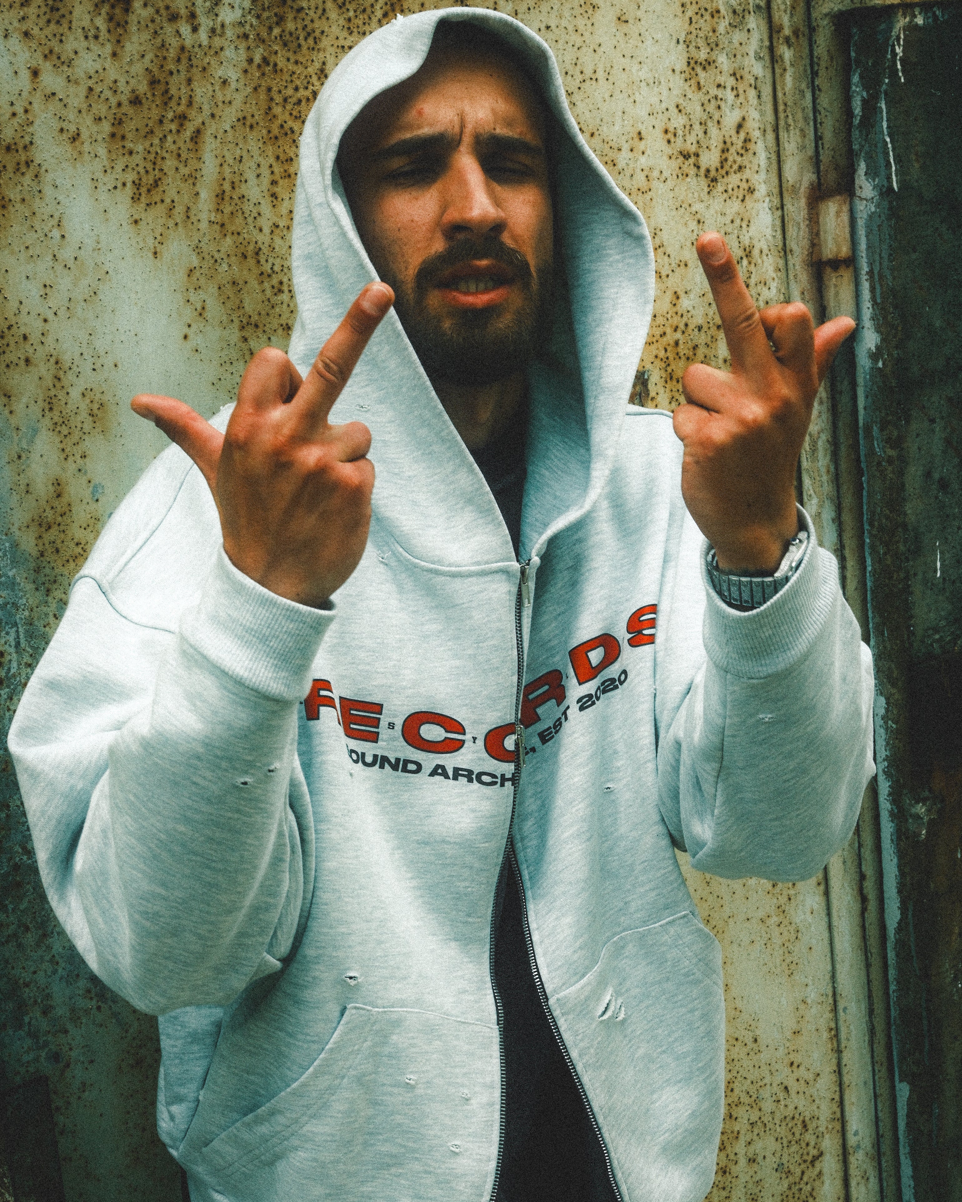 RECORDS DISTRESSEED ZIPPED HOODIE