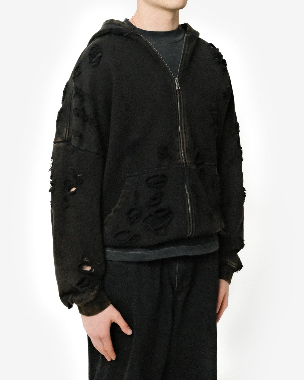 HEAVYWEIGHT FADED DISTRESSED ZIPPED HOODIE