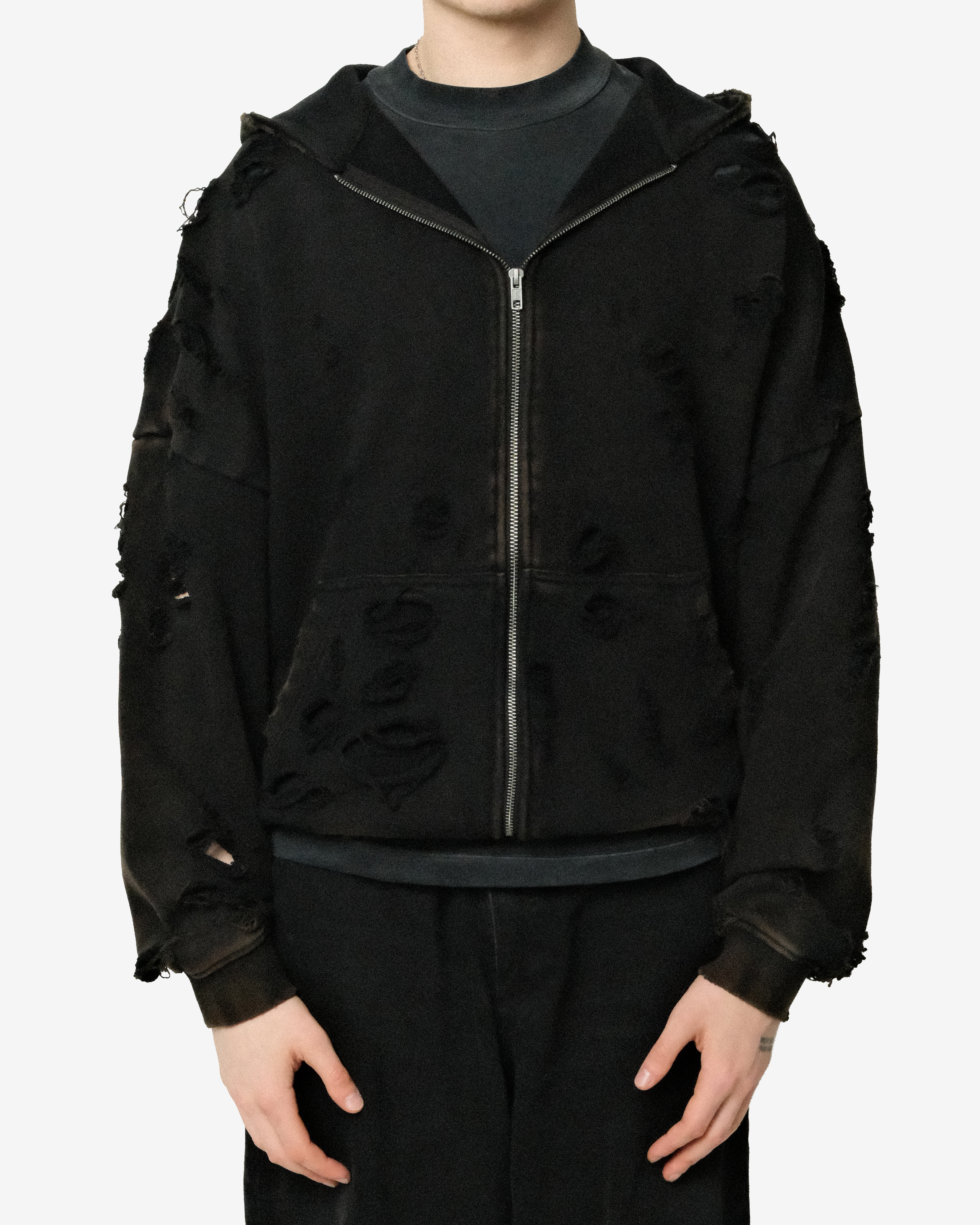 HEAVYWEIGHT FADED DISTRESSED ZIPPED HOODIE